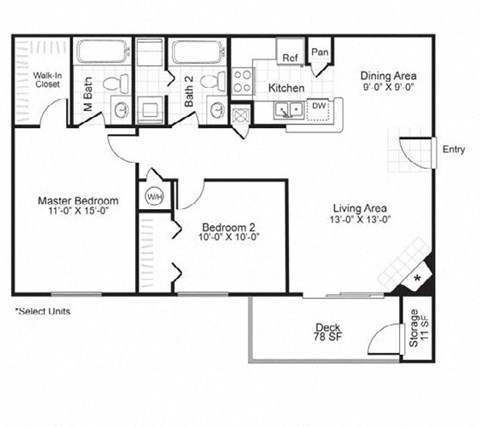 Floor plan for 2 beds, 2 baths, 1021 sqft